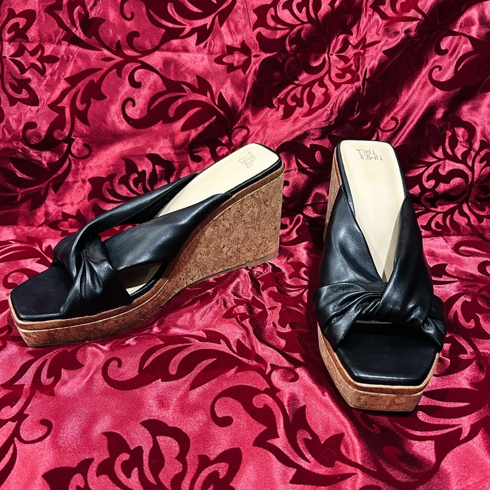 Black Wedge Sandals with Cork Heel